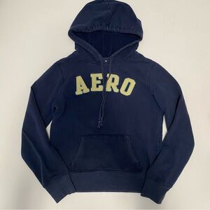 Vintage Y2K Aeropostale Athletics Women’s Navy Blue Logo Hooded Sweatshirt Small